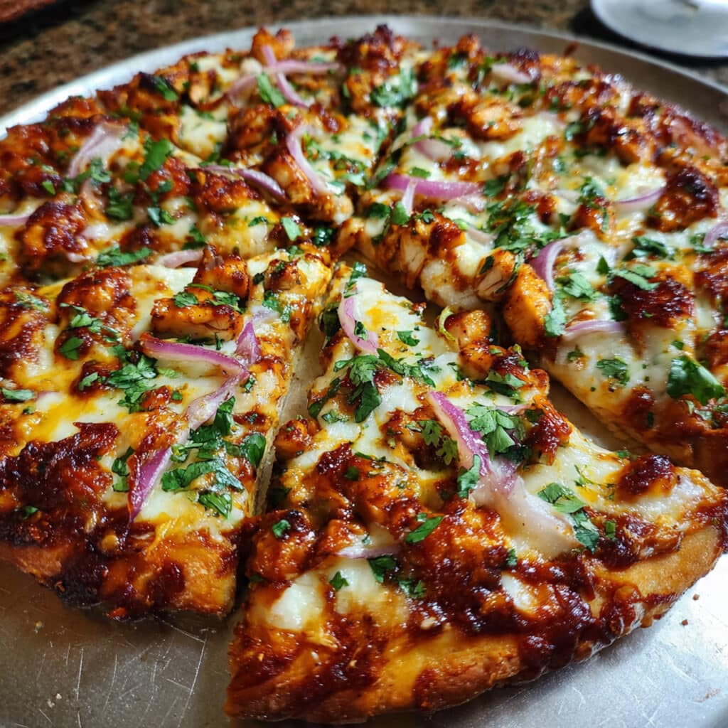 Golden barbecue chicken pizza with melted cheese, red onions, and fresh cilantro