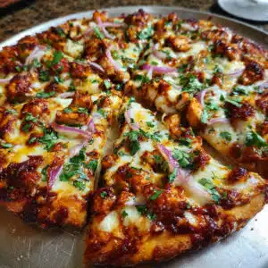 Golden barbecue chicken pizza with melted cheese, red onions, and fresh cilantro