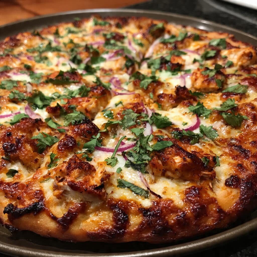 Golden barbecue chicken pizza with melted cheese, red onions, and fresh cilantro
