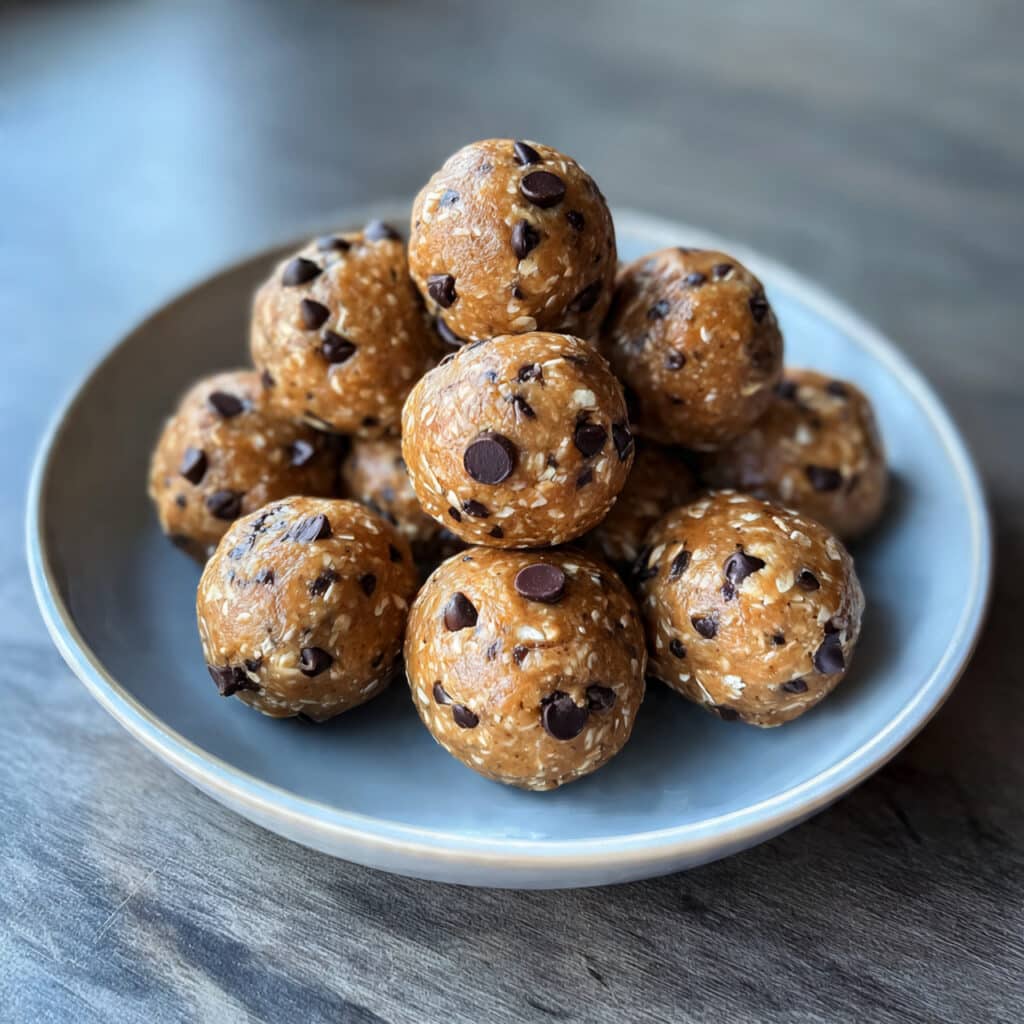 Peanut butter protein balls arranged on a white plate, showing their round shape and chocolate chip specks, with a glass of milk in the background