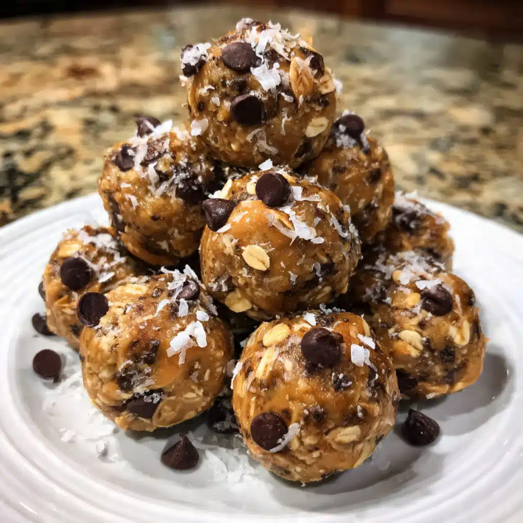 Peanut butter protein balls arranged on a white plate, showing their round shape and chocolate chip specks, with a glass of milk in the background