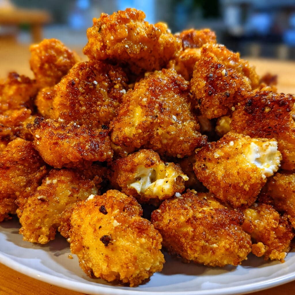 Golden crispy popcorn chicken pieces piled on a white plate with small bowls of colorful dipping sauces including ranch, honey mustard, and BBQ sauce