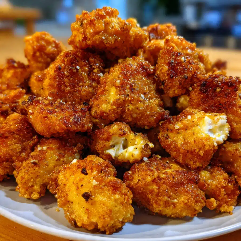 Golden crispy popcorn chicken pieces piled on a white plate with small bowls of colorful dipping sauces including ranch, honey mustard, and BBQ sauce