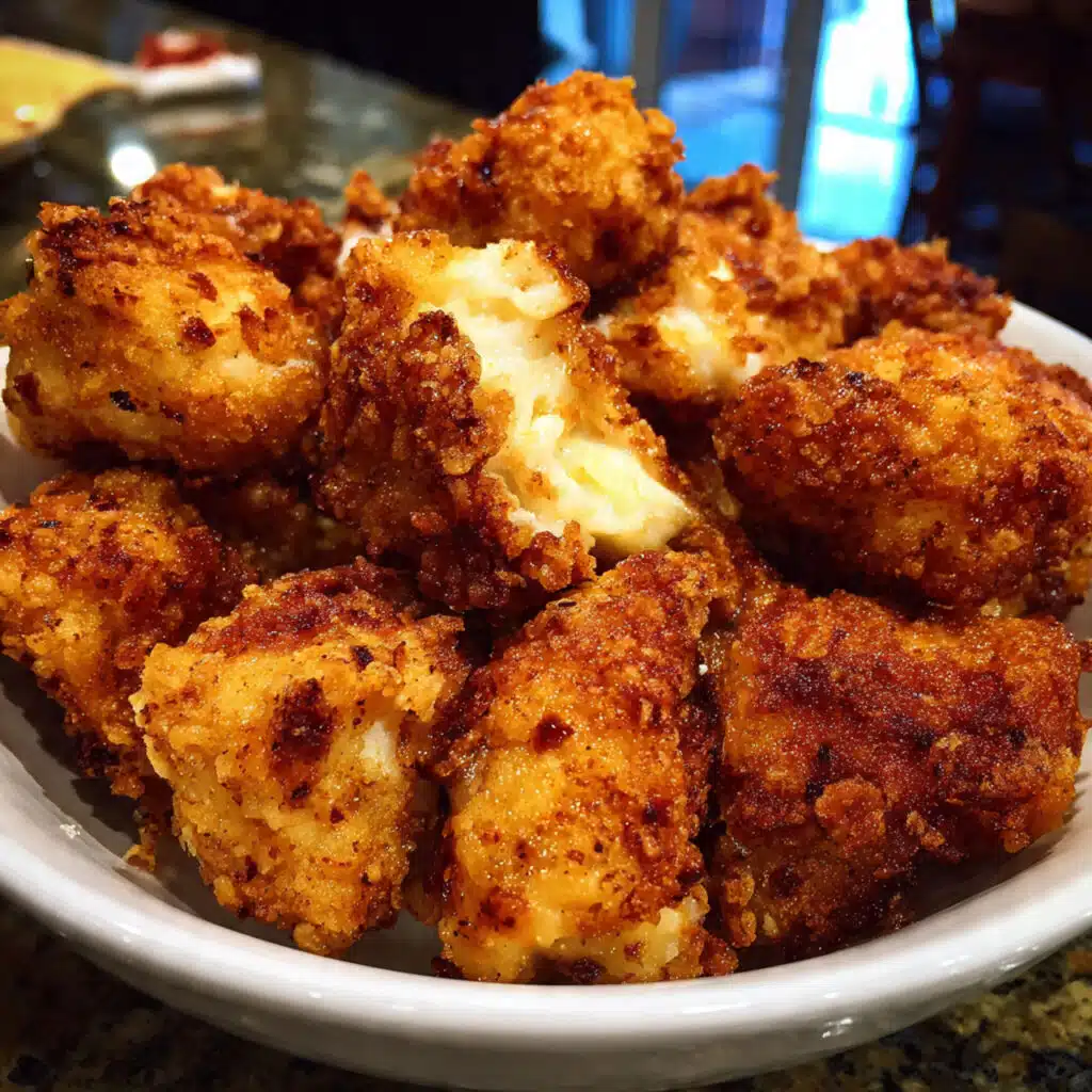 Golden crispy popcorn chicken pieces piled on a white plate with small bowls of colorful dipping sauces including ranch, honey mustard, and BBQ sauce