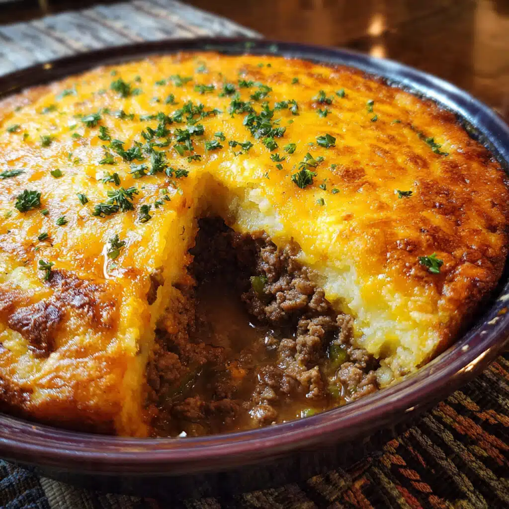 A golden-brown hamburger pie in a white casserole dish with melted Cheddar cheese on top of creamy mashed potatoes covering a savory ground beef and green bean filling