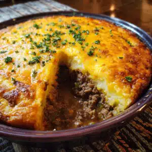 A golden-brown hamburger pie in a white casserole dish with melted Cheddar cheese on top of creamy mashed potatoes covering a savory ground beef and green bean filling