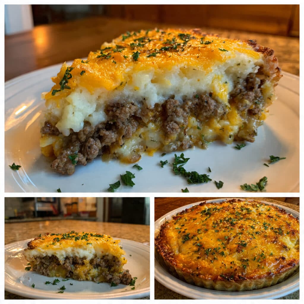 A golden-brown hamburger pie in a white casserole dish with melted Cheddar cheese on top of creamy mashed potatoes covering a savory ground beef and green bean filling