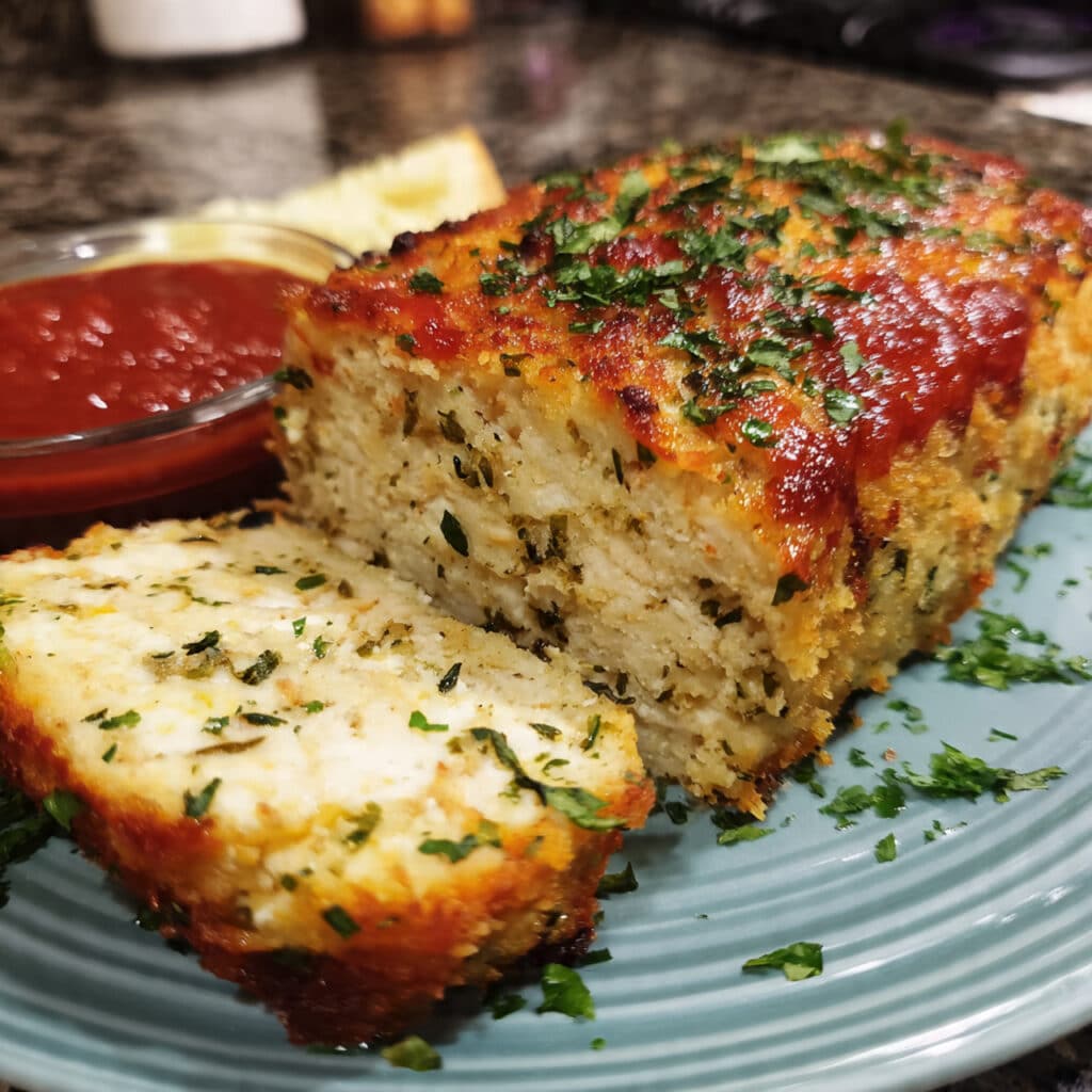 A sliced Parmesan chicken meatloaf on a white platter showing a melted mozzarella cheese center, topped with golden bread crumbs and melted cheese, garnished with fresh parsley