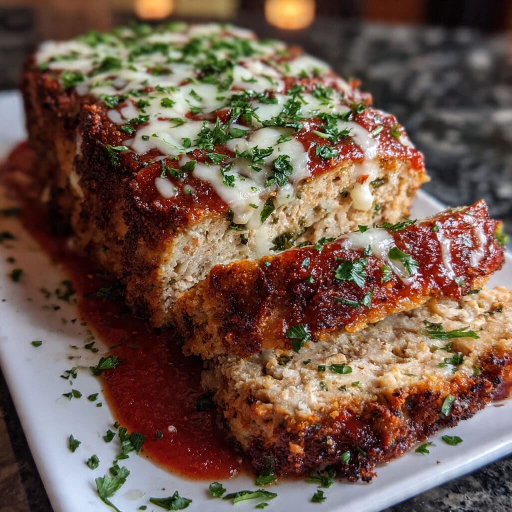 A sliced Parmesan chicken meatloaf on a white platter showing a melted mozzarella cheese center, topped with golden bread crumbs and melted cheese, garnished with fresh parsley