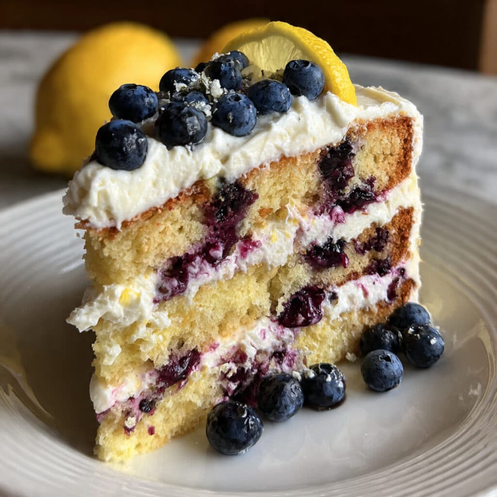 Three-layer lemon blueberry cake with mascarpone frosting, fresh blueberries studded throughout, topped with fresh berries and lemon slices on a white cake stand