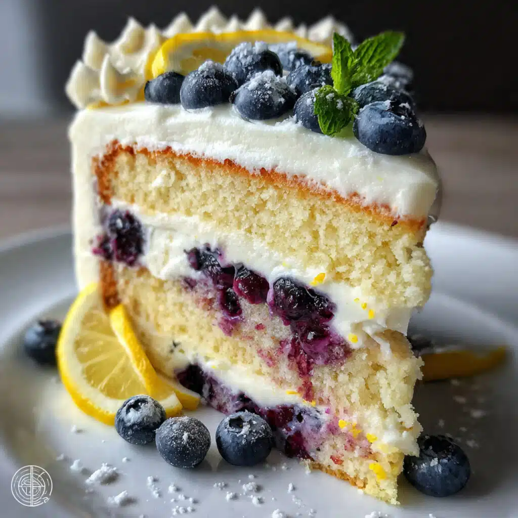 Three-layer lemon blueberry cake with mascarpone frosting, fresh blueberries studded throughout, topped with fresh berries and lemon slices on a white cake stand