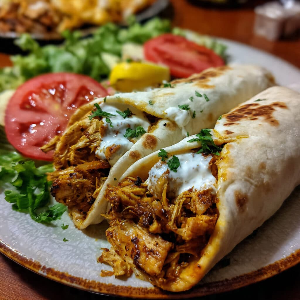 Sliced chicken shawarma with golden-brown spiced crust served in warm pita bread with fresh lettuce, tomatoes, red onions, and creamy white yogurt sauce