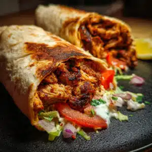 Sliced chicken shawarma with golden-brown spiced crust served in warm pita bread with fresh lettuce, tomatoes, red onions, and creamy white yogurt sauce