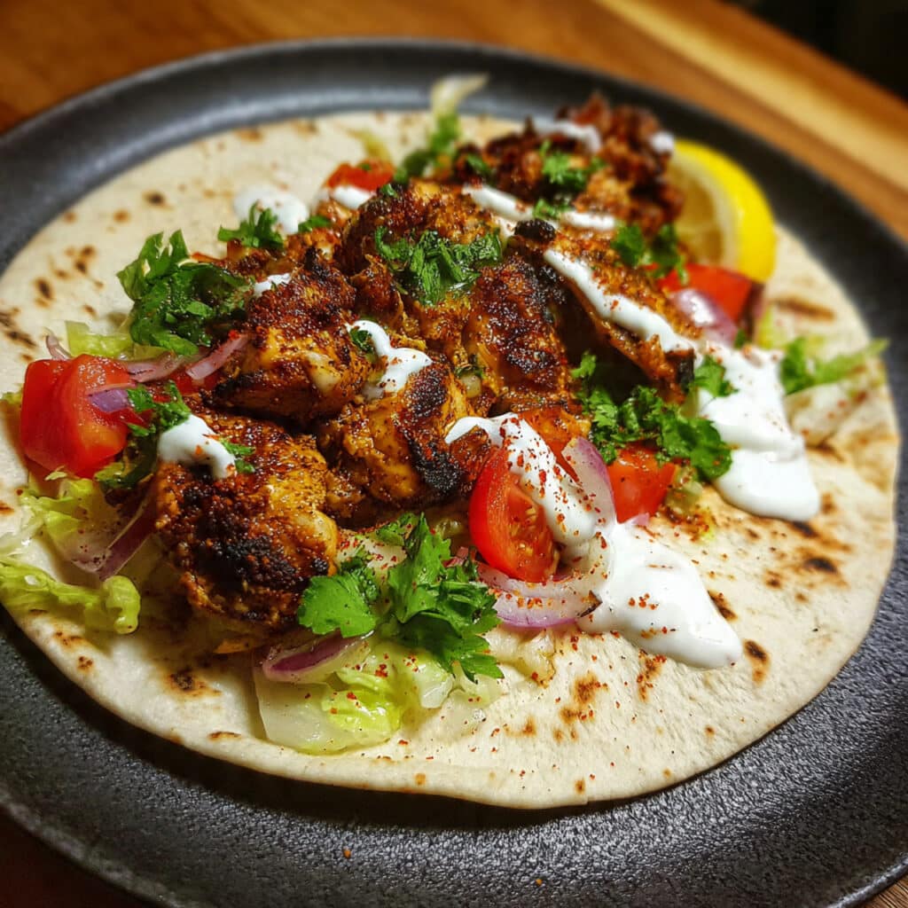 Sliced chicken shawarma with golden-brown spiced crust served in warm pita bread with fresh lettuce, tomatoes, red onions, and creamy white yogurt sauce