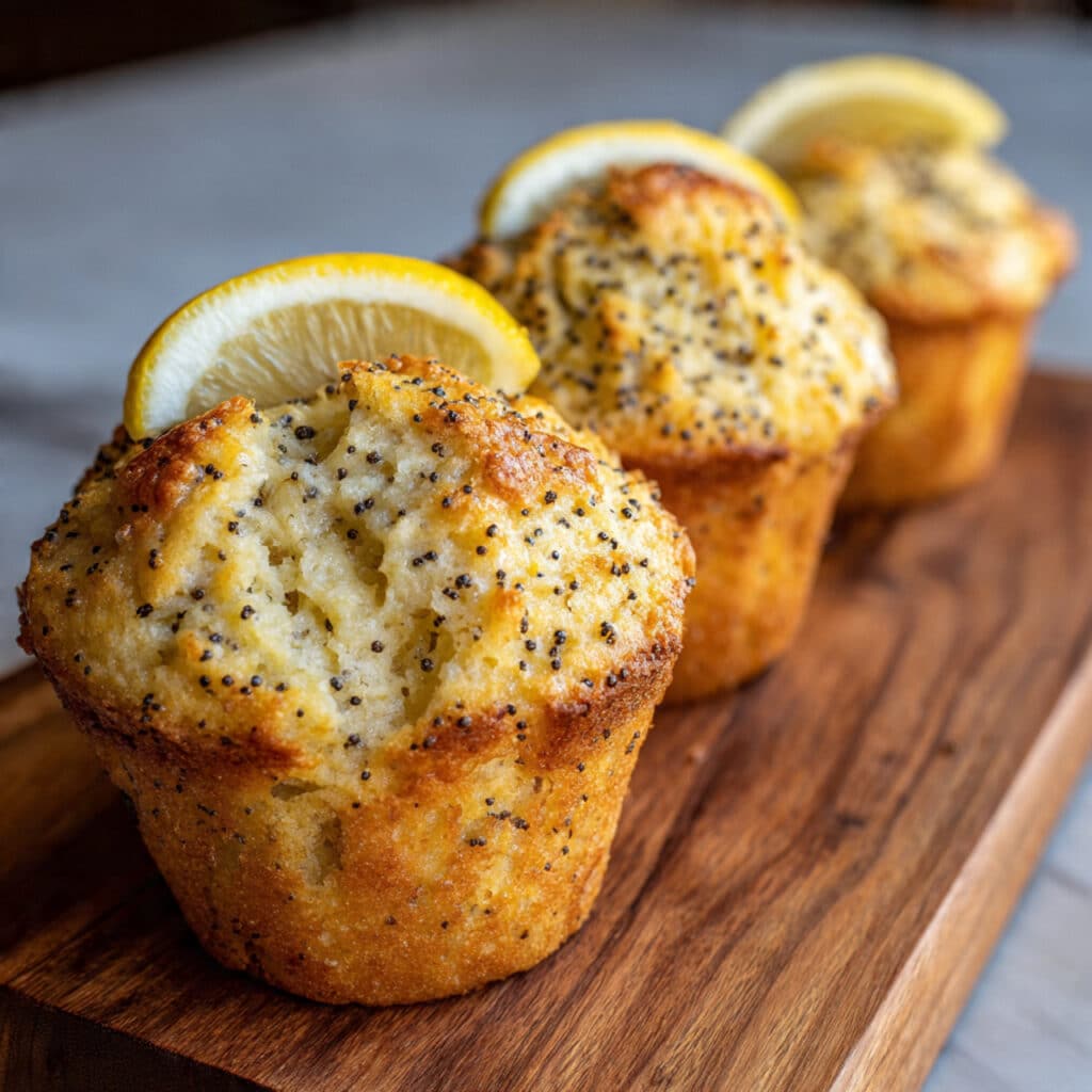 Golden brown lemon poppy seed muffins with tall domed tops on a white plate, with visible poppy seed specks and a glossy lemon syrup finish