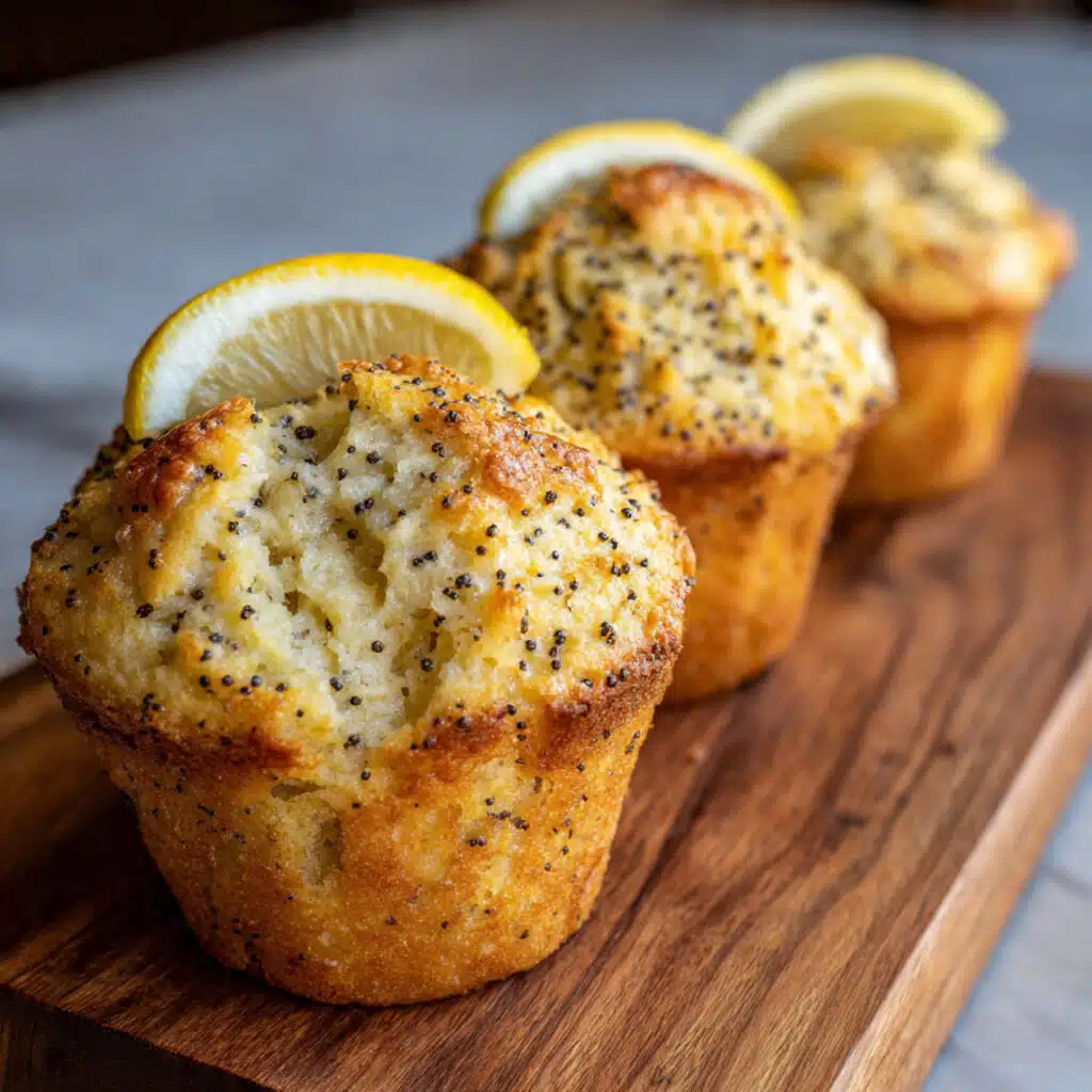 Golden brown lemon poppy seed muffins with tall domed tops on a white plate, with visible poppy seed specks and a glossy lemon syrup finish