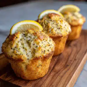 Golden brown lemon poppy seed muffins with tall domed tops on a white plate, with visible poppy seed specks and a glossy lemon syrup finish