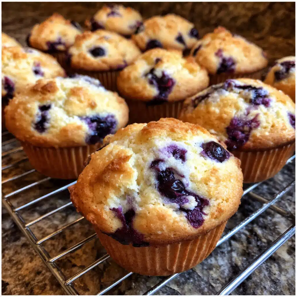 Golden brown Greek yogurt blueberry muffins with visible blueberries and sparkling sugar tops arranged on a white plate
