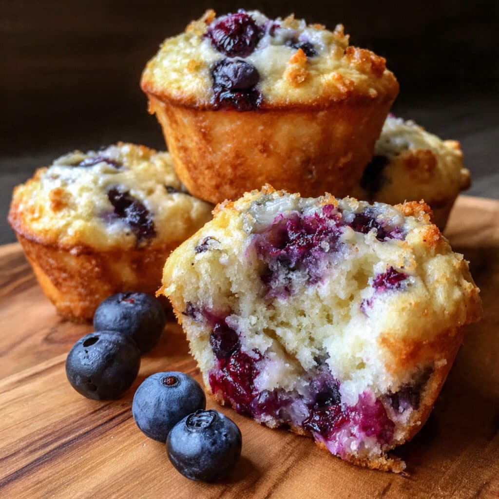 Golden brown Greek yogurt blueberry muffins with visible blueberries and sparkling sugar tops arranged on a white plate