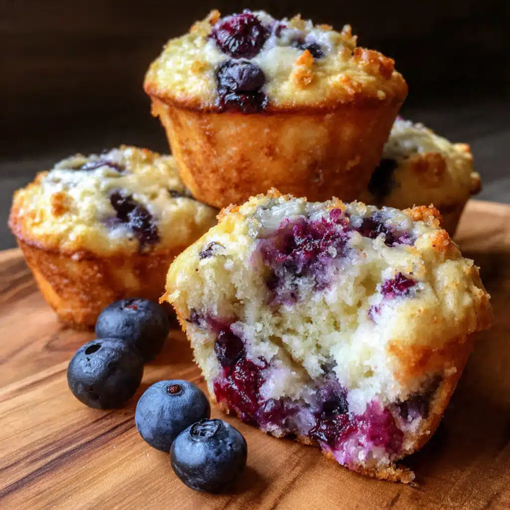 Golden brown Greek yogurt blueberry muffins with visible blueberries and sparkling sugar tops arranged on a white plate
