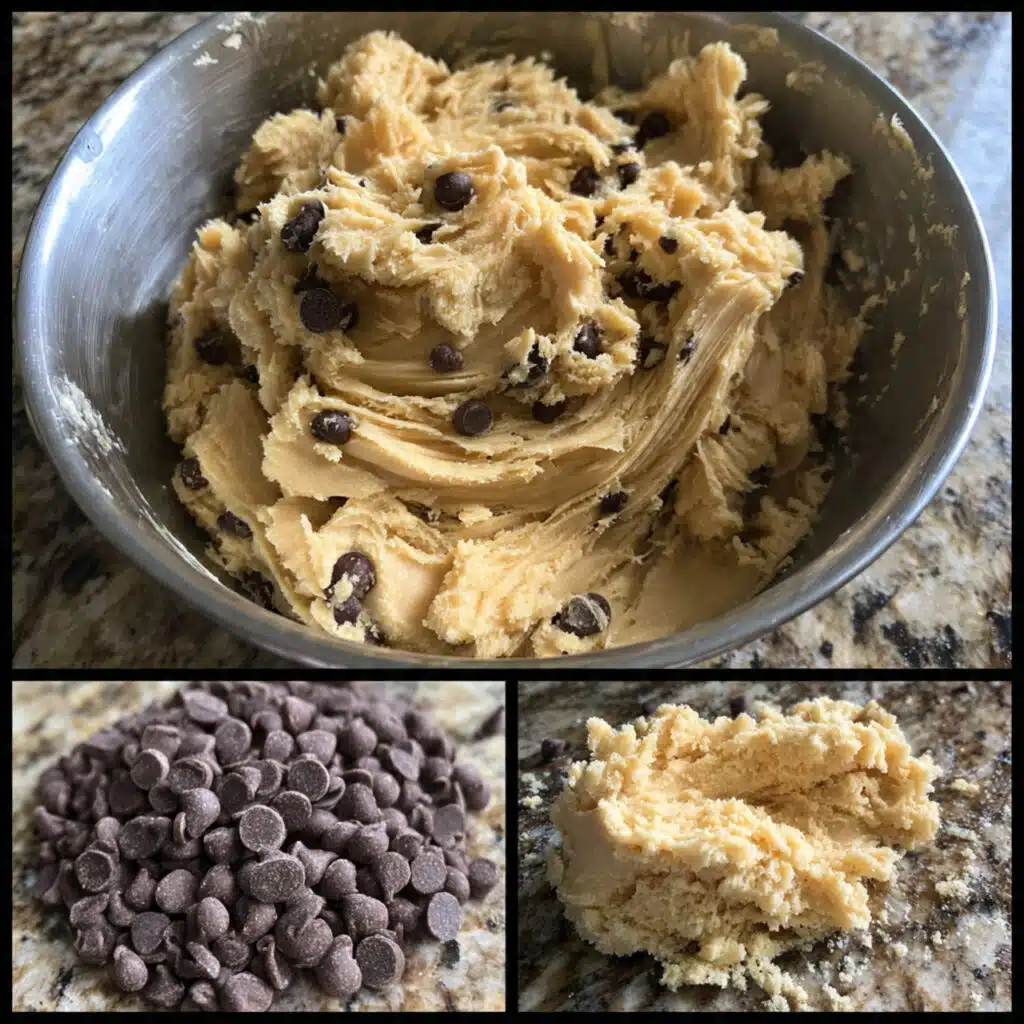 Bowl of edible cookie dough loaded with chocolate chips, safe to eat raw, with a spoon scooping out a portion