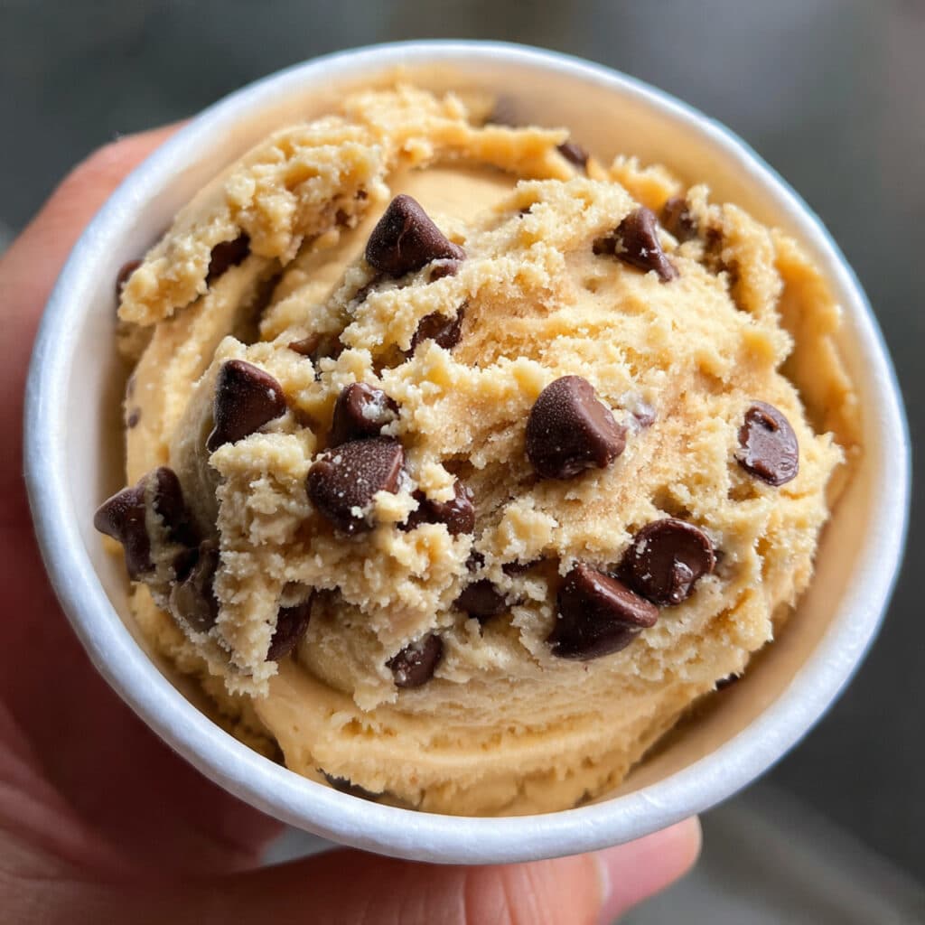 Bowl of edible cookie dough loaded with chocolate chips, safe to eat raw, with a spoon scooping out a portion