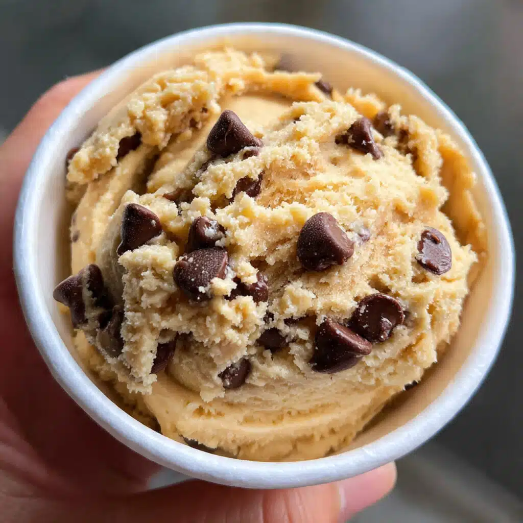 Bowl of edible cookie dough loaded with chocolate chips, safe to eat raw, with a spoon scooping out a portion