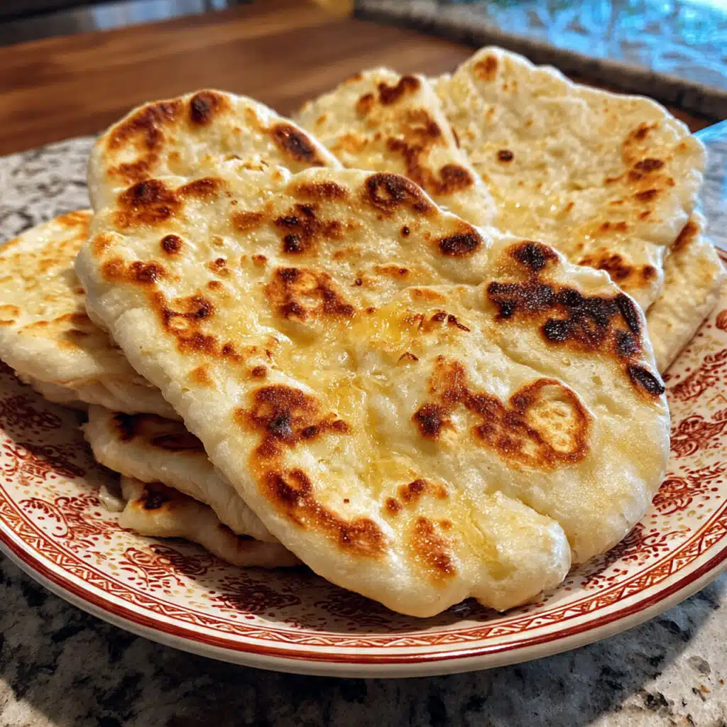Golden-brown homemade Greek yogurt naan bread stacked on a white plate, brushed with melted butter and garnished with fresh herbs