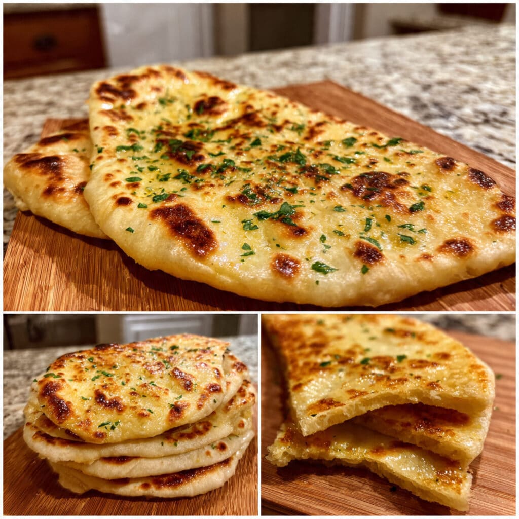 Golden-brown homemade Greek yogurt naan bread stacked on a white plate, brushed with melted butter and garnished with fresh herbs