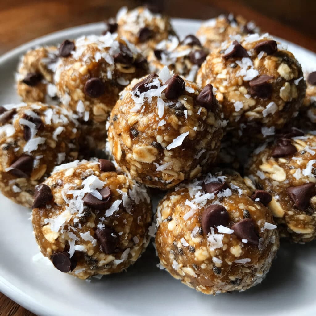 Golden brown chia oatmeal energy balls studded with dark and white chocolate chips, arranged on a white plate with a light dusting of shredded coconut