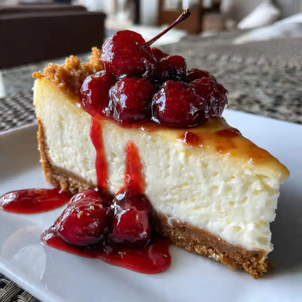 Slice of creamy Greek yogurt cheesecake with graham cracker crust topped with fresh mixed berry compote on a white plate