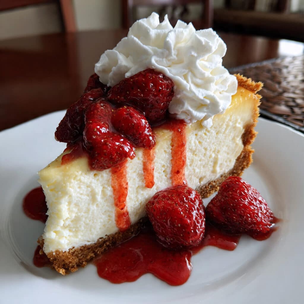 Slice of creamy Greek yogurt cheesecake with graham cracker crust topped with fresh mixed berry compote on a white plate