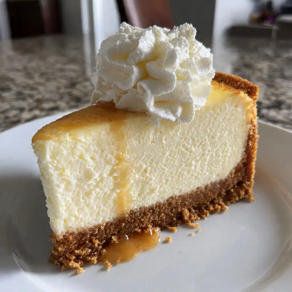 Slice of creamy Greek yogurt cheesecake with graham cracker crust topped with fresh mixed berry compote on a white plate