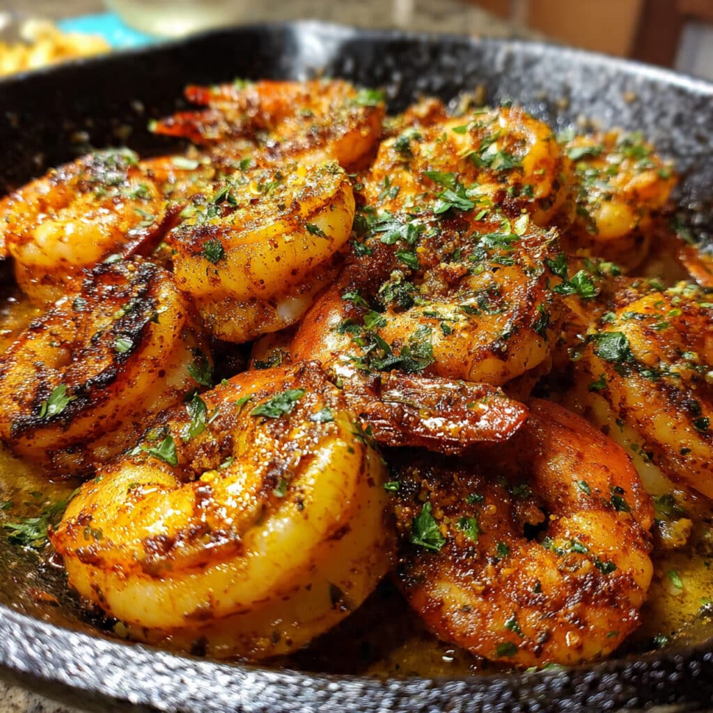 Golden brown blackened shrimp with visible spice crust arranged on a white plate, garnished with fresh cilantro and lime wedges