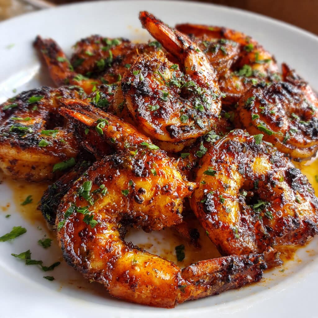 Golden brown blackened shrimp with visible spice crust arranged on a white plate, garnished with fresh cilantro and lime wedges