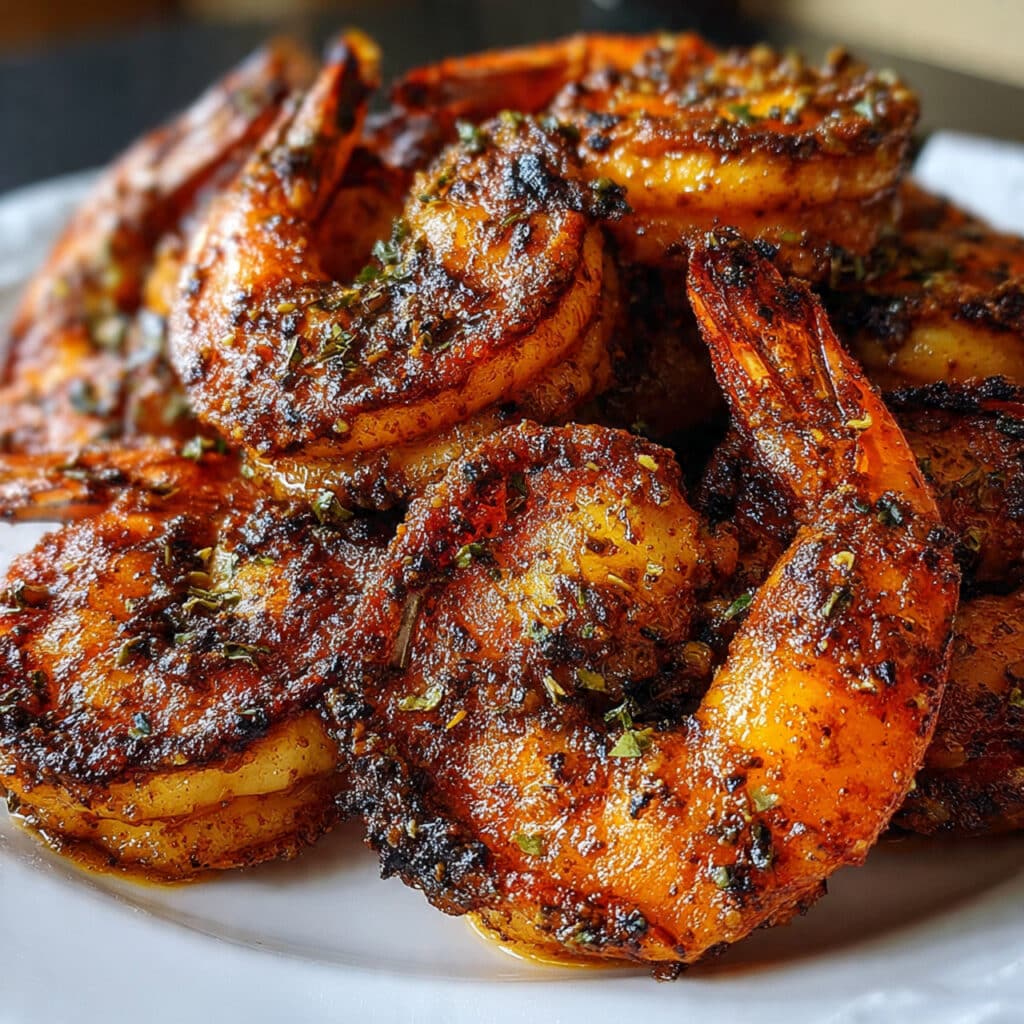 Golden brown blackened shrimp with visible spice crust arranged on a white plate, garnished with fresh cilantro and lime wedges