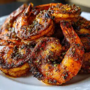 Golden brown blackened shrimp with visible spice crust arranged on a white plate, garnished with fresh cilantro and lime wedges