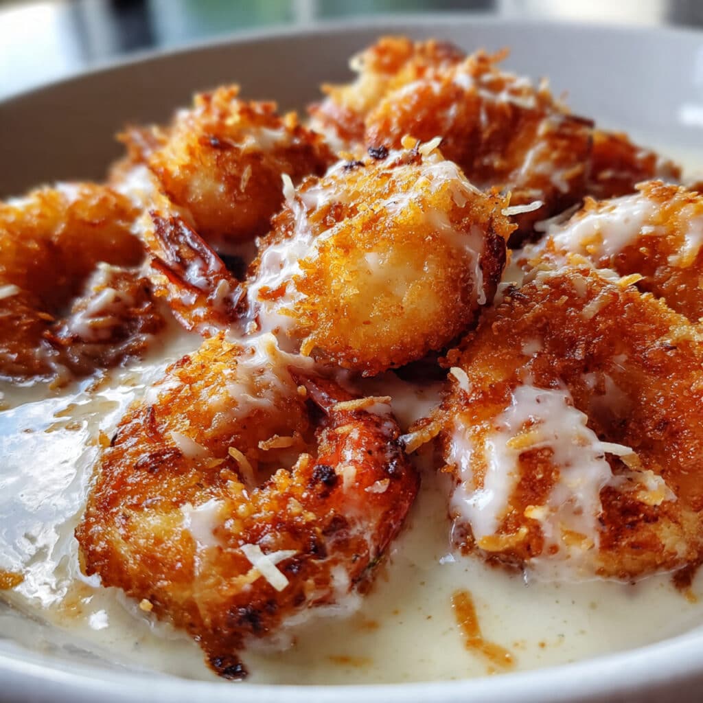 Golden crispy Chinese coconut shrimp coated in creamy white coconut sauce served in a bowl over white rice