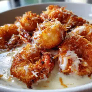 Golden crispy Chinese coconut shrimp coated in creamy white coconut sauce served in a bowl over white rice