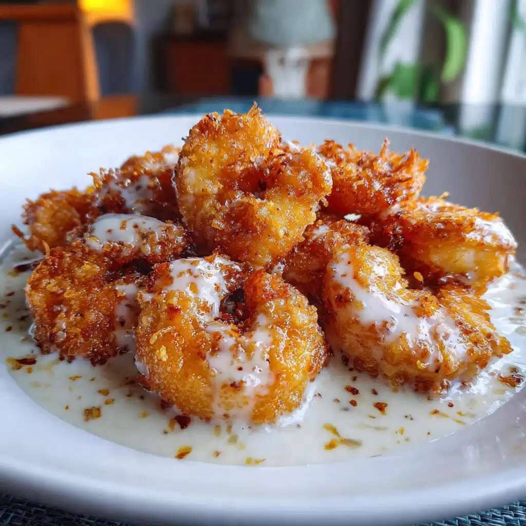 Golden crispy Chinese coconut shrimp coated in creamy white coconut sauce served in a bowl over white rice