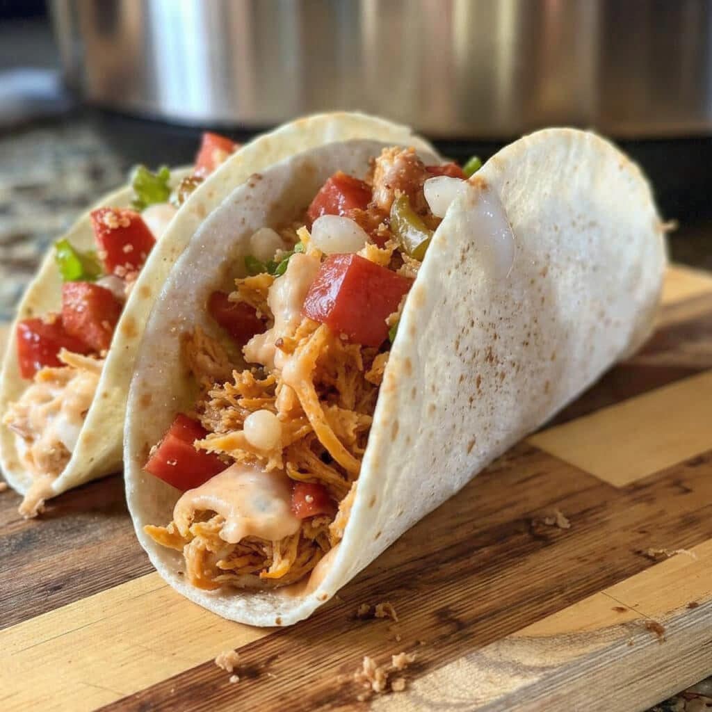 Shredded crockpot chicken tacos on soft flour tortillas topped with fresh lettuce, diced tomatoes, shredded cheese, sour cream, and cilantro on a colorful plate