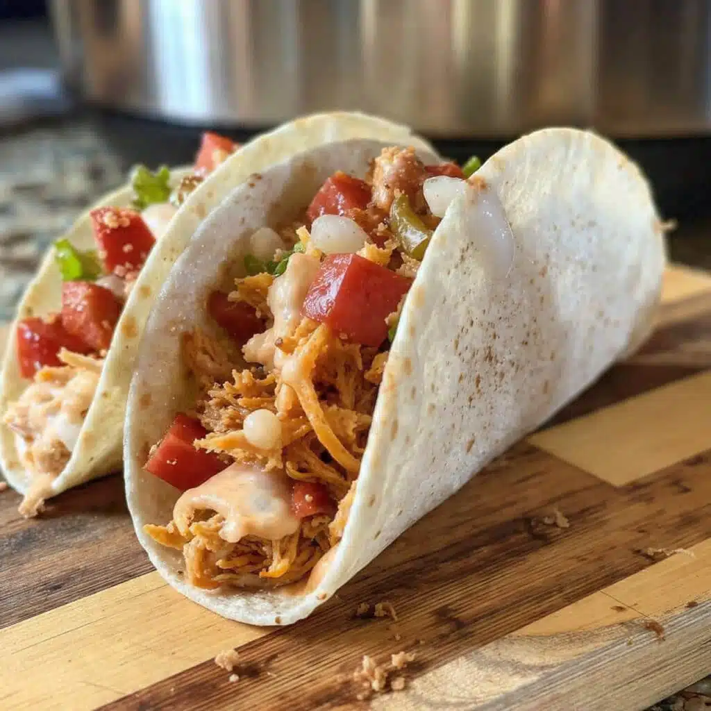 Shredded crockpot chicken tacos on soft flour tortillas topped with fresh lettuce, diced tomatoes, shredded cheese, sour cream, and cilantro on a colorful plate