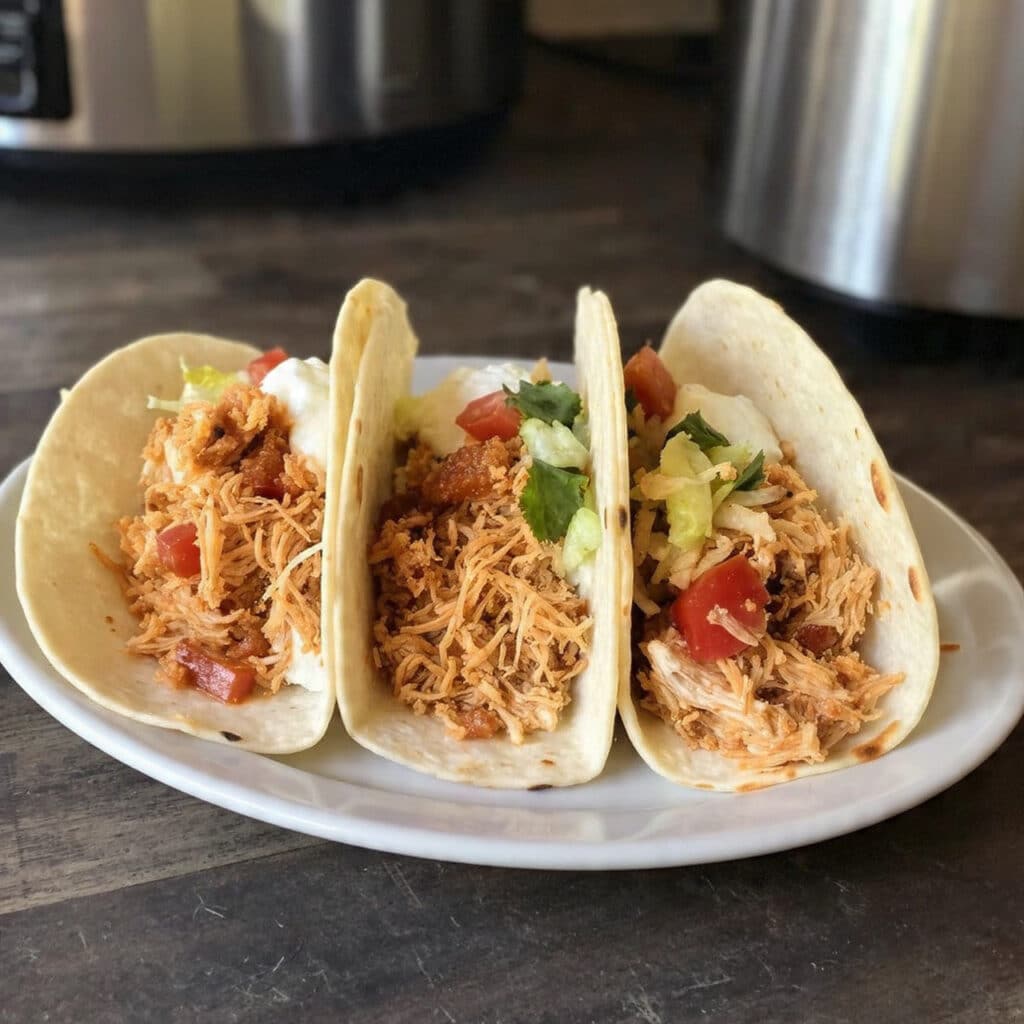 Shredded crockpot chicken tacos on soft flour tortillas topped with fresh lettuce, diced tomatoes, shredded cheese, sour cream, and cilantro on a colorful plate