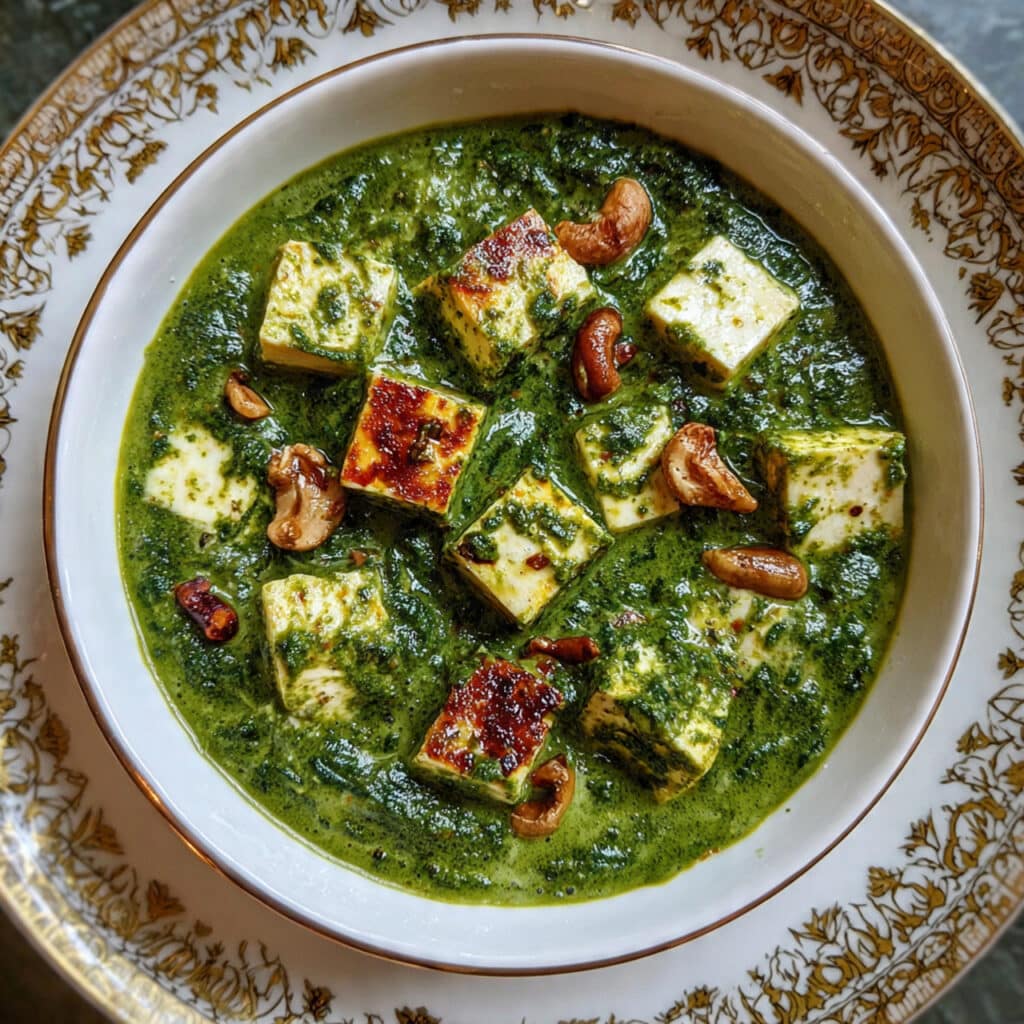 Creamy Palak Paneer in a decorative bowl with tender cubes of paneer in vibrant green spinach gravy, garnished with cream swirl