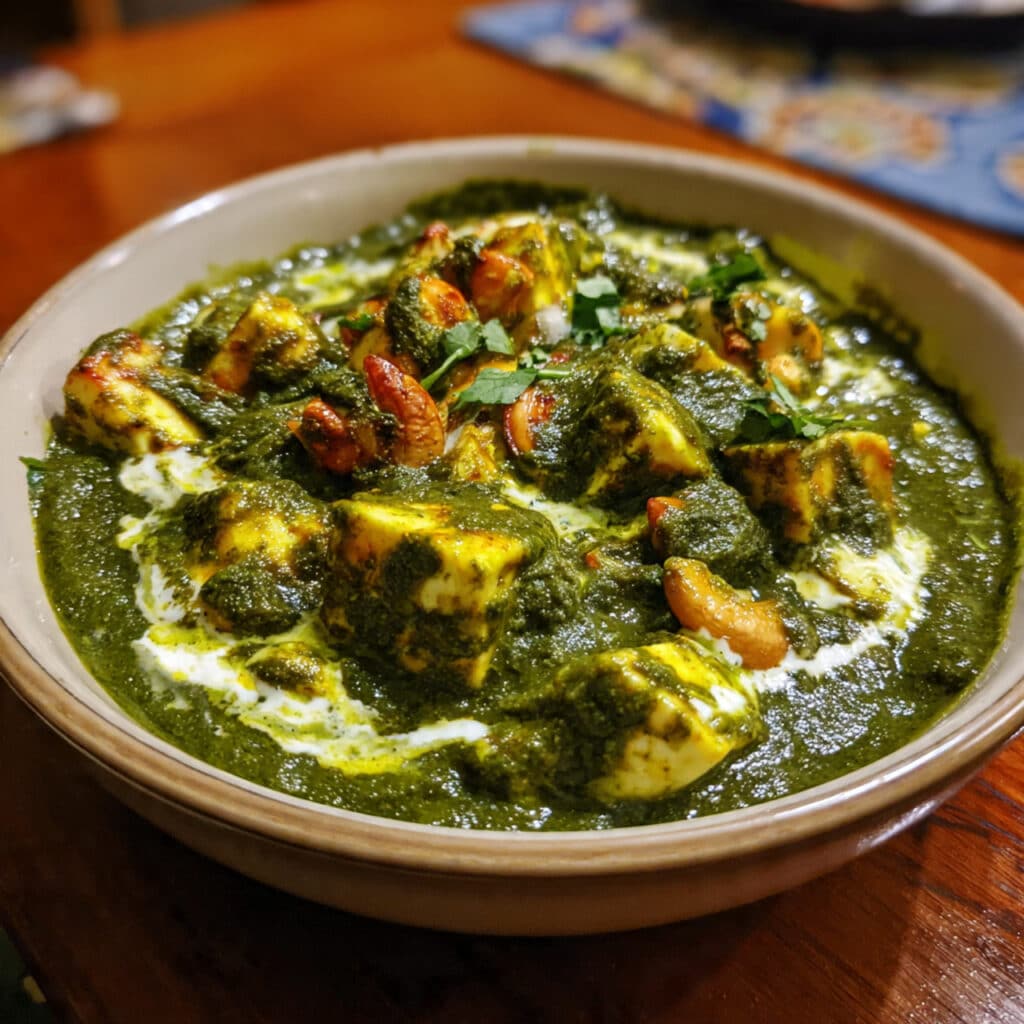 Creamy Palak Paneer in a decorative bowl with tender cubes of paneer in vibrant green spinach gravy, garnished with cream swirl