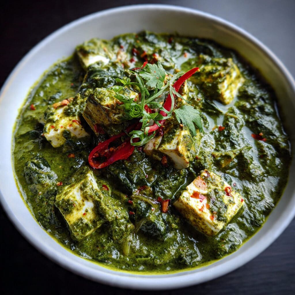 Creamy Palak Paneer in a decorative bowl with tender cubes of paneer in vibrant green spinach gravy, garnished with cream swirl
