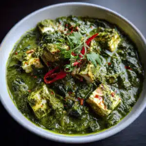 Creamy Palak Paneer in a decorative bowl with tender cubes of paneer in vibrant green spinach gravy, garnished with cream swirl