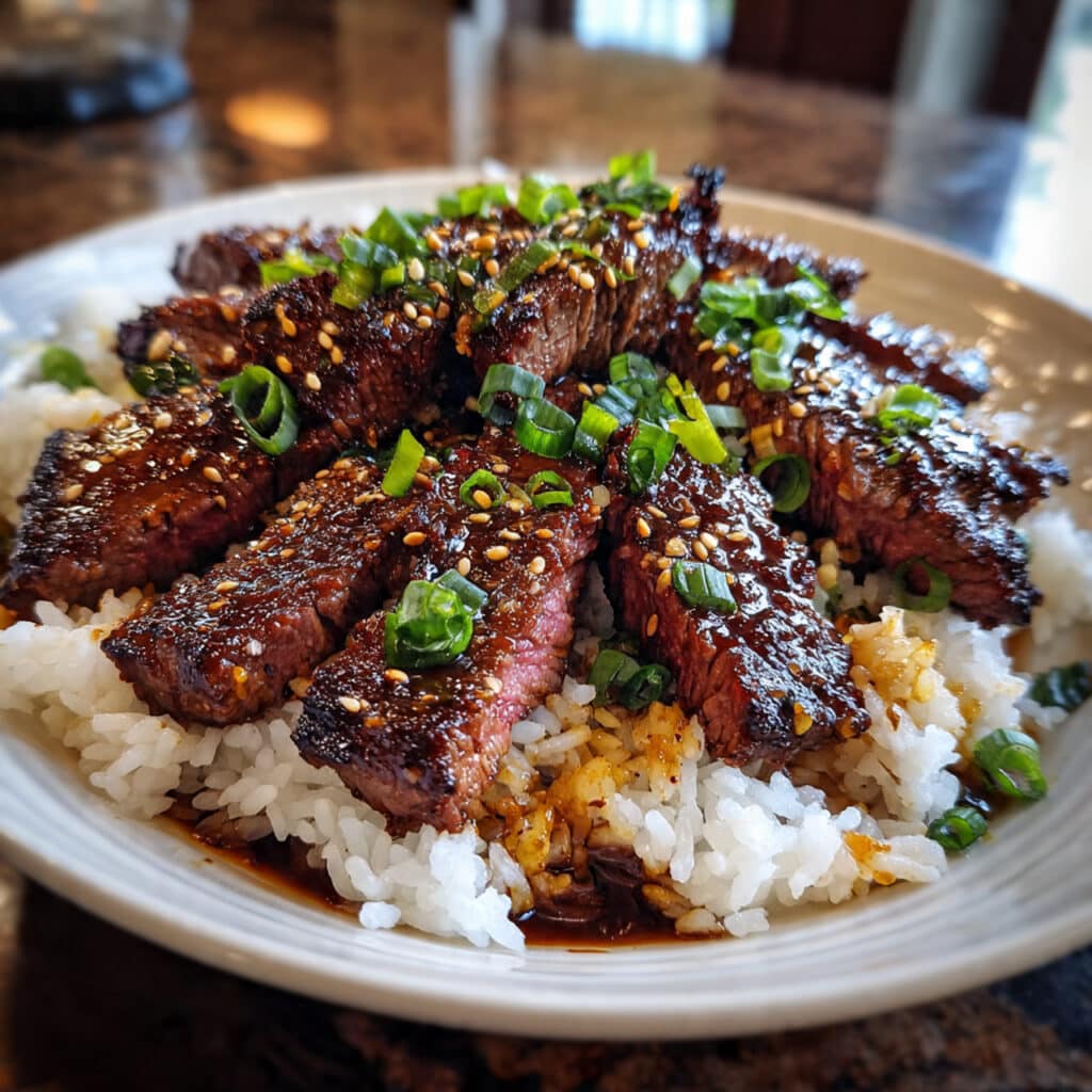 teriyaki marinated beef strips garnished with toasted sesame seeds and chopped green onions