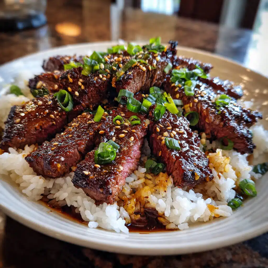 teriyaki marinated beef strips garnished with toasted sesame seeds and chopped green onions