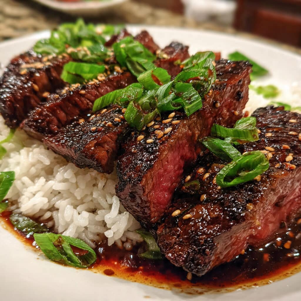 teriyaki marinated beef strips garnished with toasted sesame seeds and chopped green onions